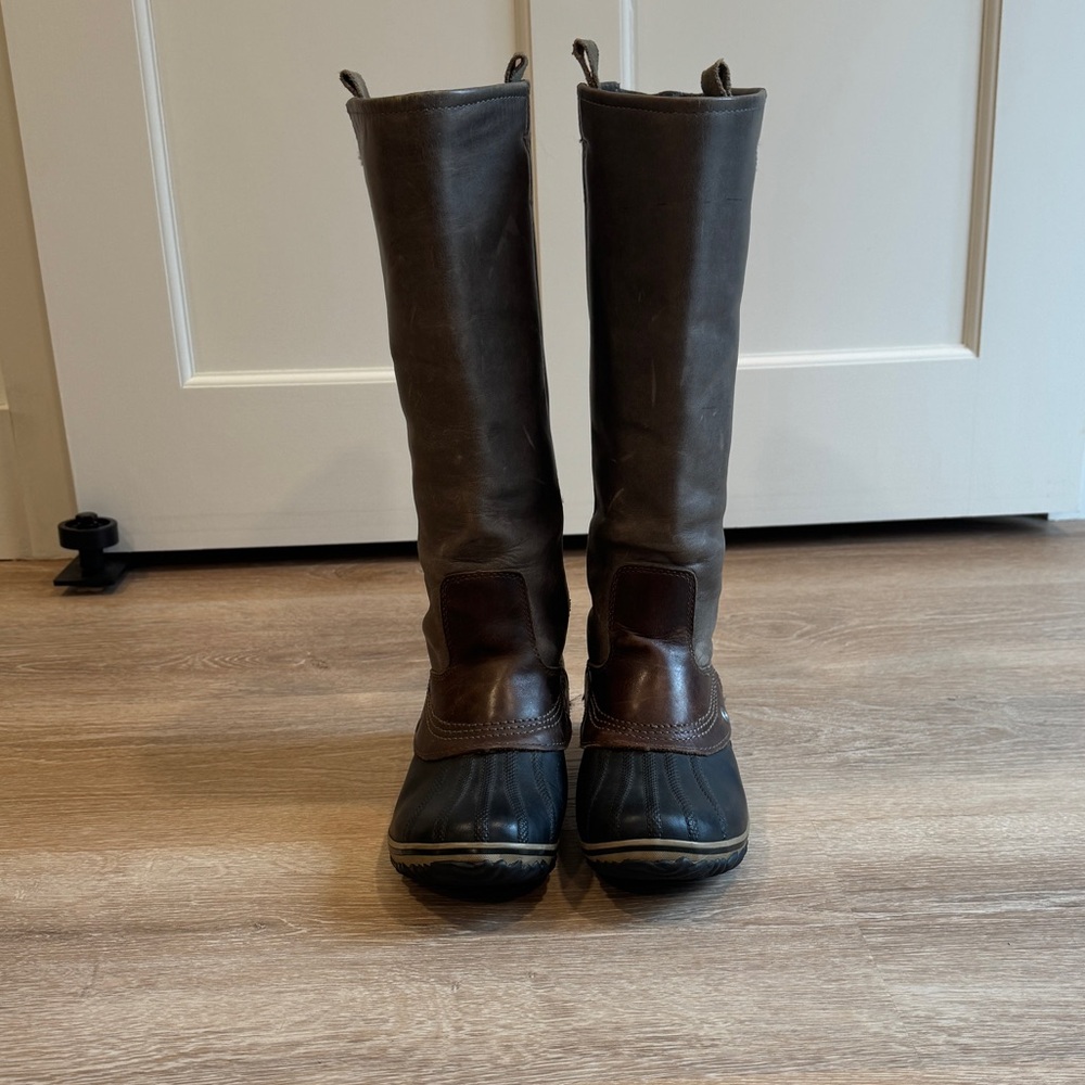 Sorel Tall Waterproof Duck Boots in Dark Brown and Grey